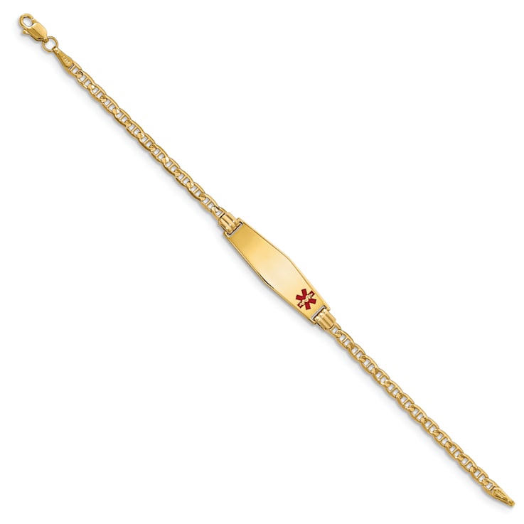 14k Yellow Gold Medical Soft Diamond Shape Red Enamel Mariner Link ID Bracelet