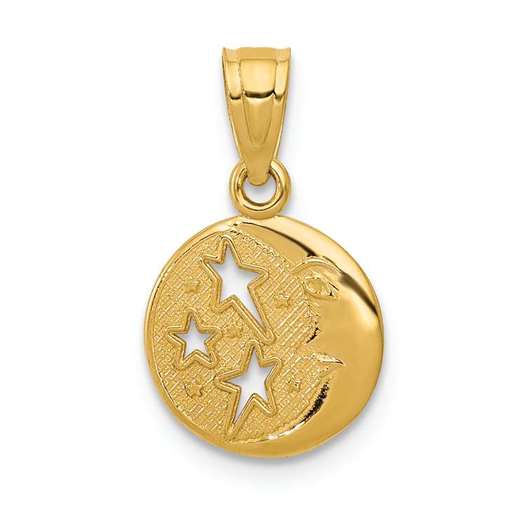 14k Yellow Gold Textured Moon and Stars Pendant