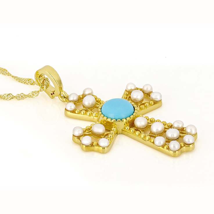 Turquoise And Cultured Seed Pearl Cross Pendant Necklace In 18K Gold
Over Sterling Silver