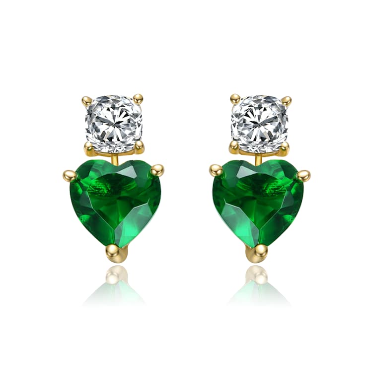 Emerald Color CZ Two-Heart Drop Earrings In 14K Gold Over Sterling Silver