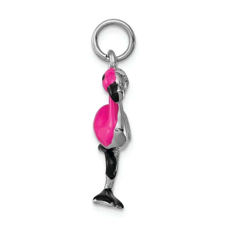 Rhodium Over Sterling Silver Hot Pink and Black Enameled Flamingo Charm