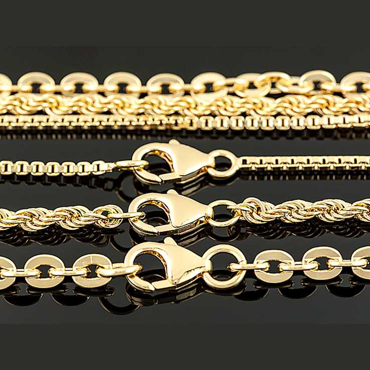 Box, Rope And Cable Link Chain Necklace Set In 18K Gold Over Bronze