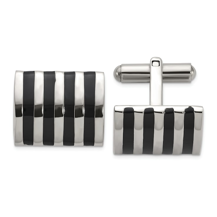 Stainless Steel Polished with Black Enamel Stripes Cuff Links