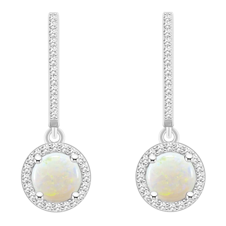 6mm Round Opal 1/3 ctw Diamond Rhodium Over Sterling Silver Halo Dangle Earrings