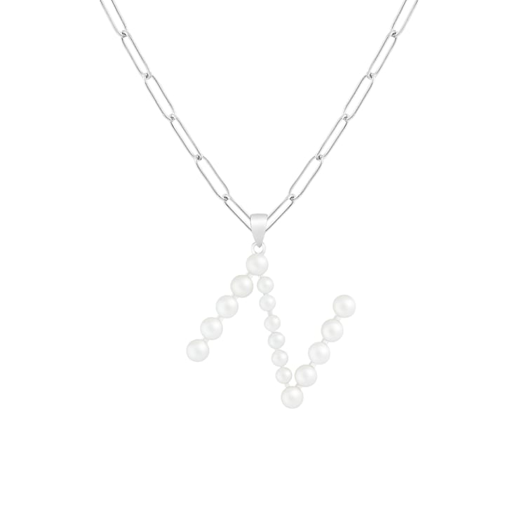 Letter N Initial Cultured Freshwater Pearl Rhodium Over Sterling Silver
Pendant With  18" Chain