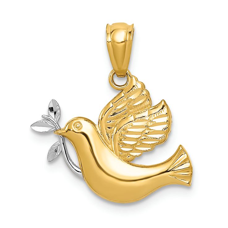 14k Two-tone Gold Polished/Diamond-Cut Dove with Olive Branch Pendant