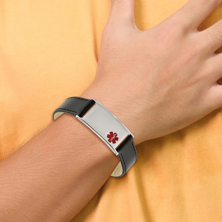 Black Leather and Stainless Steel Polished Enamel Adjustable 6.5-inch -
8.25-inch Medical Bracelet
