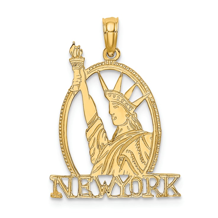 14k Yellow Gold Textured Cut-out New York with Statue of Liberty pendant