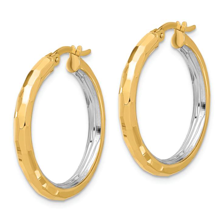 14k Yellow Gold and Rhodium Over 14k Yellow Gold Polished and
Diamond-Cut 1 1/16" Hoop Earrings