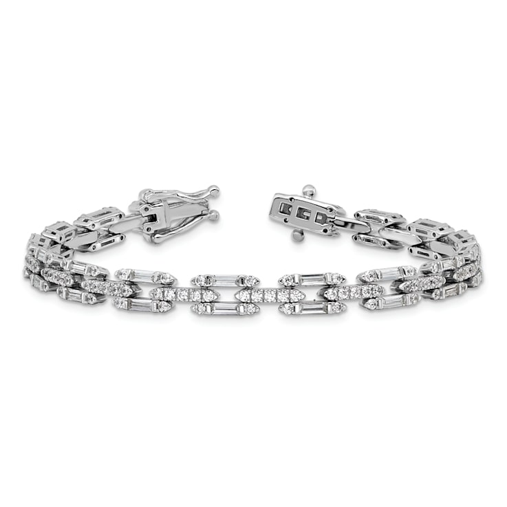 Rhodium Over Sterling Silver Polished Fancy Cubic Zirconia Link Bracelet