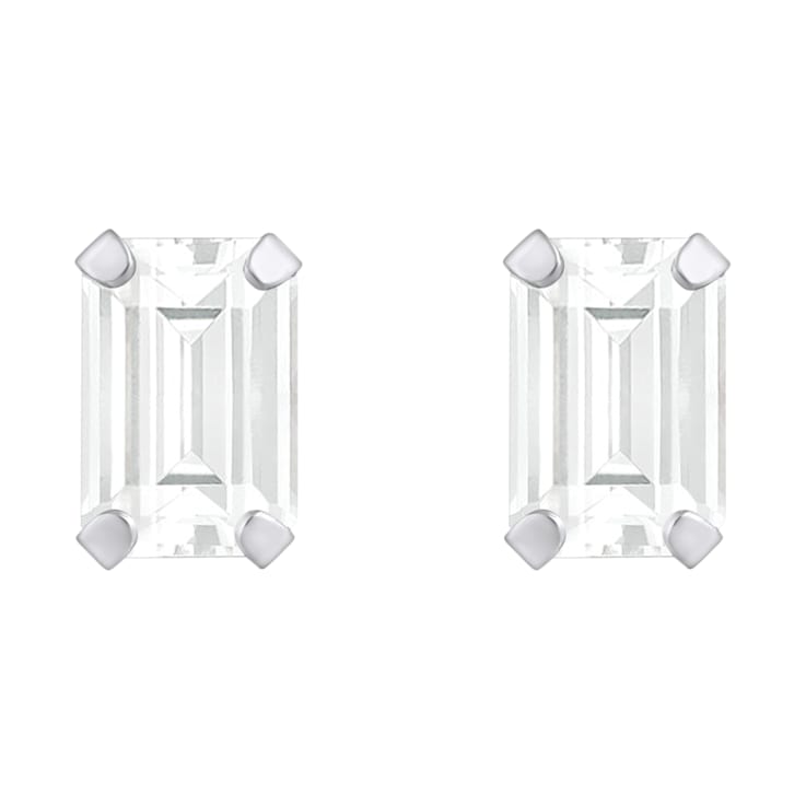 6x4mm Emerald Cut White Topaz Rhodium Over 10k White Gold Stud Earrings
