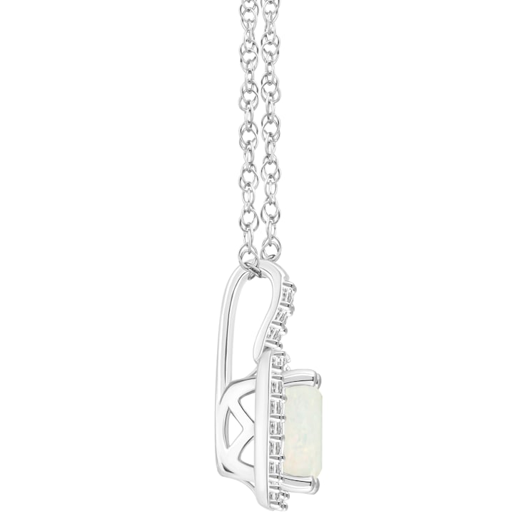 6x4mm Emerald Cut Opal 1/8 ctw Diamond Rhodium Over Sterling Silver Halo
Pendant with Chain