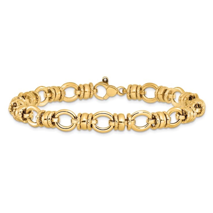 14k Yellow Gold 8mm Polished and Textured Fancy Link Bracelet