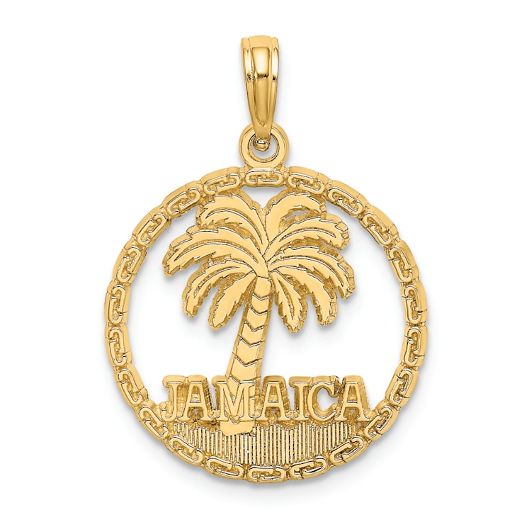 14k Yellow Gold Textured Jamaica With Palm Tree Inside Circle Charm