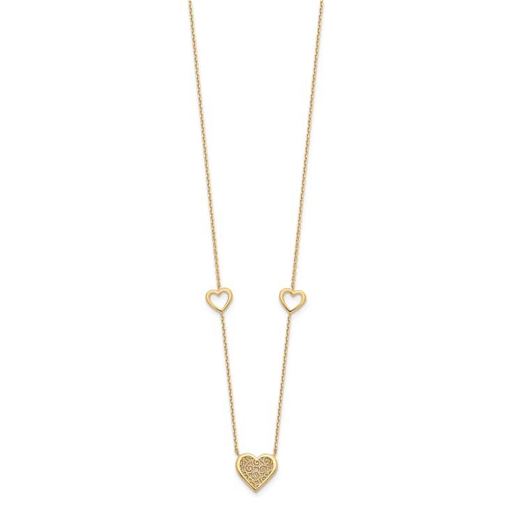 14k Yellow Gold Polished and Filigree Patterned Textured Heart Stations
Cable Link 17 Inch Necklace
