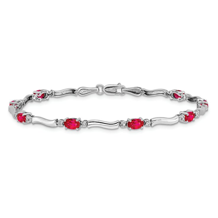 Rhodium Over 10k White Gold Diamond and Red Ruby Bracelet