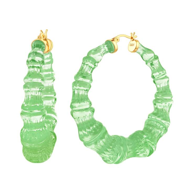 14K Yellow Gold Over Sterling Silver Bamboo Acrylic Hoops in Simply Green