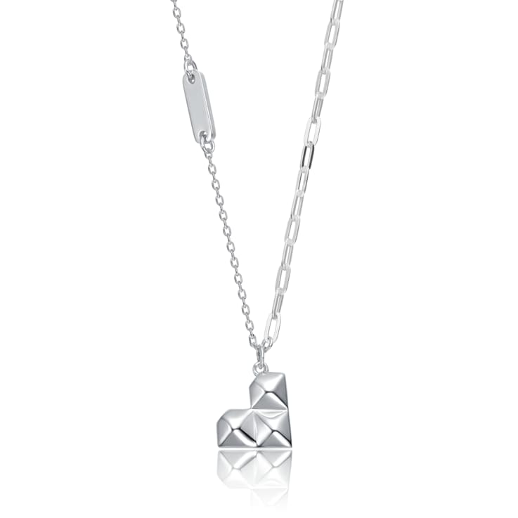 Geometric Heart Pendant Necklace In Rhodium Over Brass