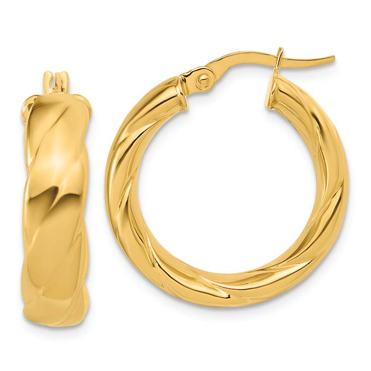 14K Yellow Gold Polished and Grooved Hoop Earrings
