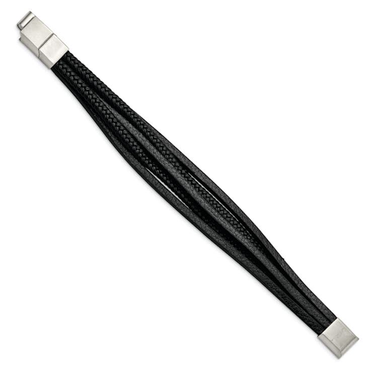 Black Faux Leather and Stainless Steel Polished Multi Strand with
0.5-inch Extension Bracelet