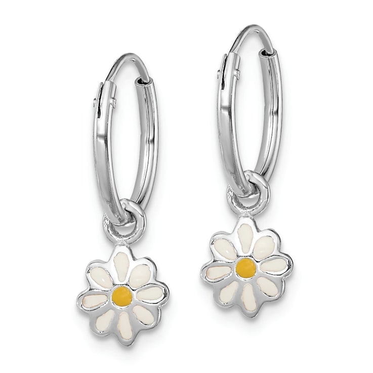 Rhodium Over Sterling Silver Enamel Daisy Children's Round Hoop Earrings
