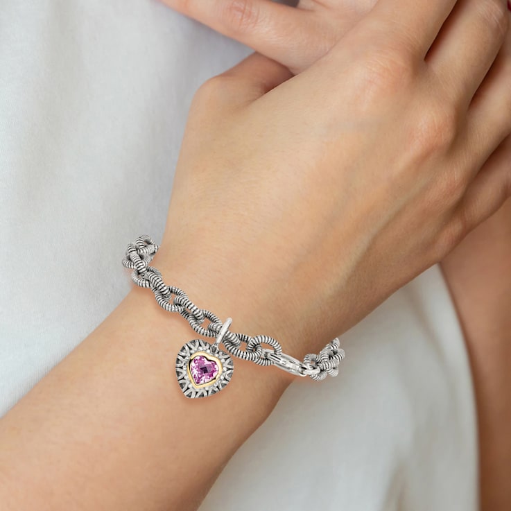 Sterling Silver with 14K Gold Over Sterling Silver Accent Oxidized Lab
Pink Sapphire Heart Bracelet