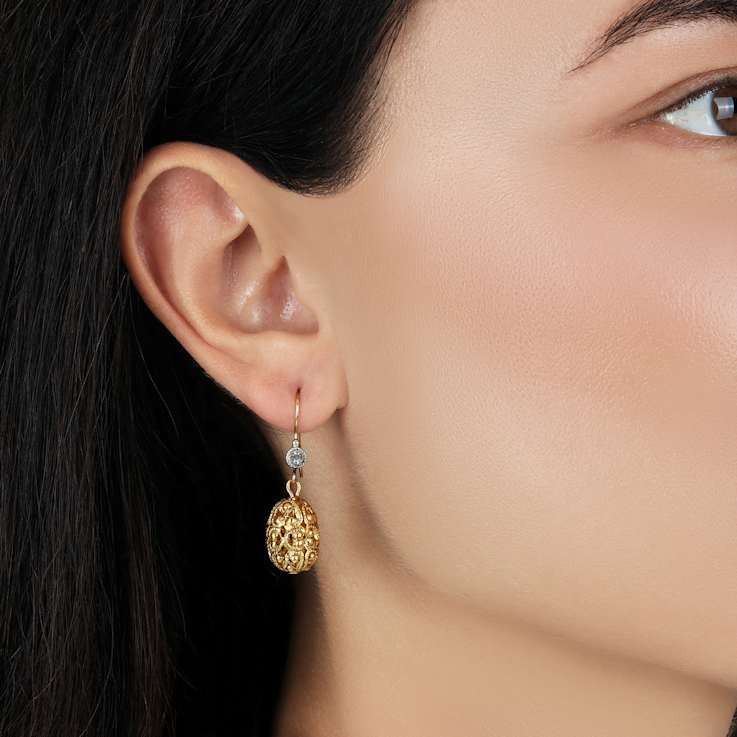 Gold Tone Filigree Bead With Clear Crystal Drop Wire Earrings