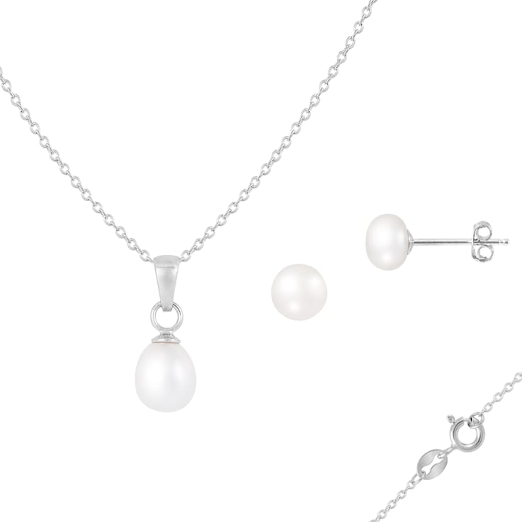 White Cultured Freshwater Pearl Rhodium Over Sterling Silver Pendant
& Earring Set