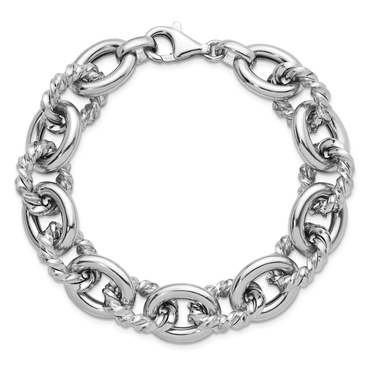 Rhodium Over Sterling Silver Polished and Twisted Oval Link Bracelet