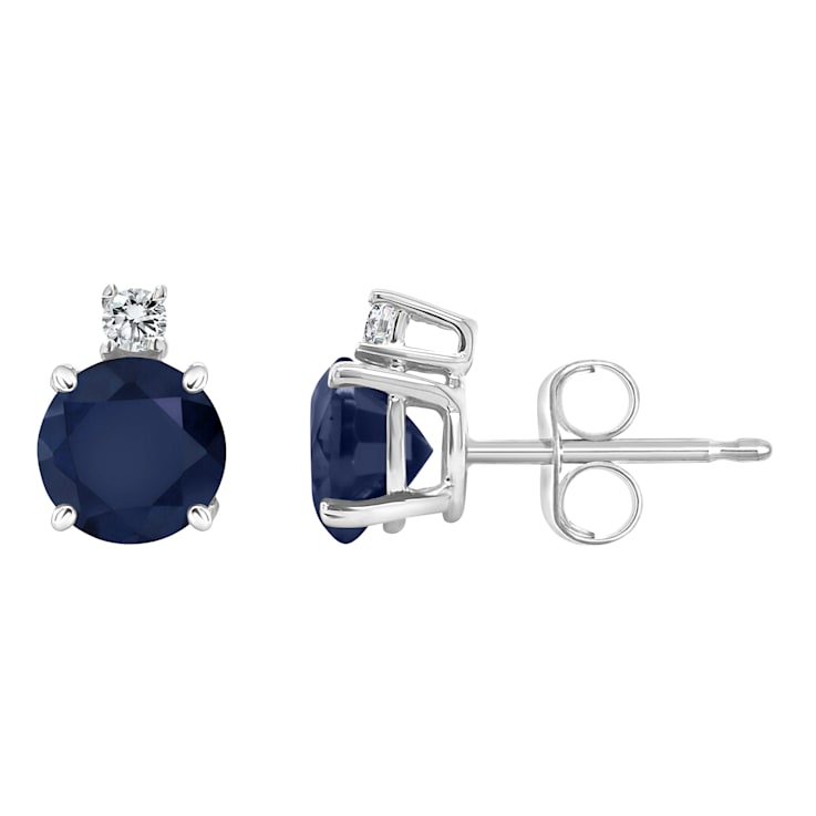5mm Round Sapphire with Diamond Accents 14k White Gold Stud Earrings