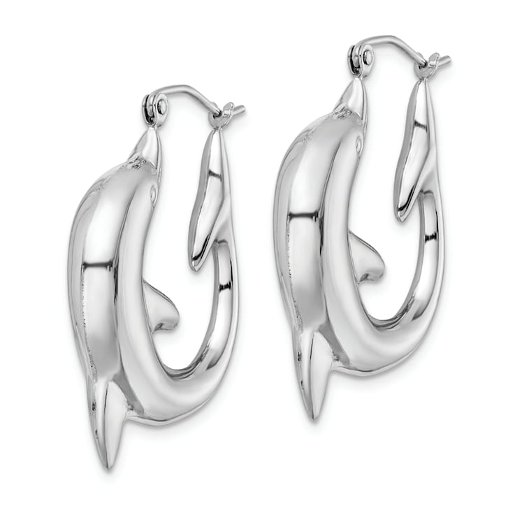 Rhodium Over Sterling Silver Polished Dolphin Round Hoop Earrings