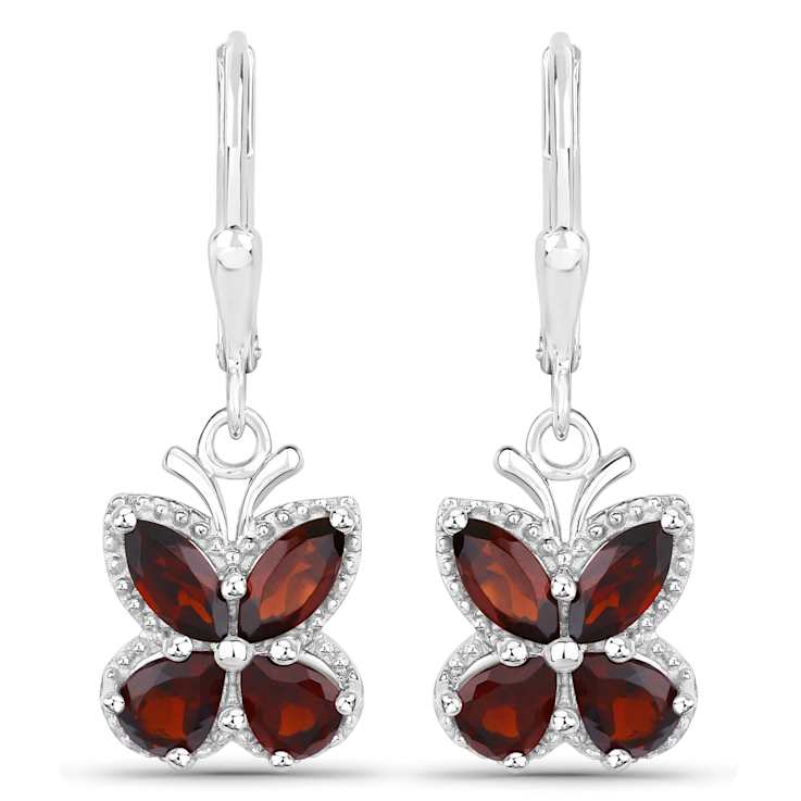Red Garnet Rhodium Over Sterling Silver Butterfly Drop Earrings