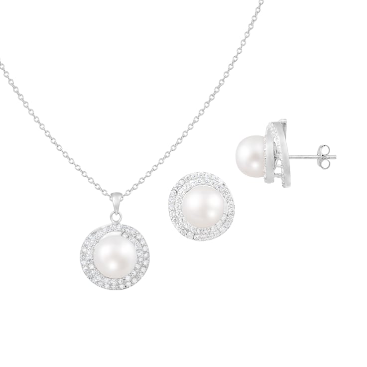 8½-9mm Button White Freshwater Pearl and CZ Rhodium Over Sterling
Earring and Pendant W/Chain Set