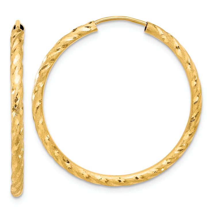 14k Yellow Gold 1 3/16" Polished Satin and Diamond-Cut Endless Hoop Earrings