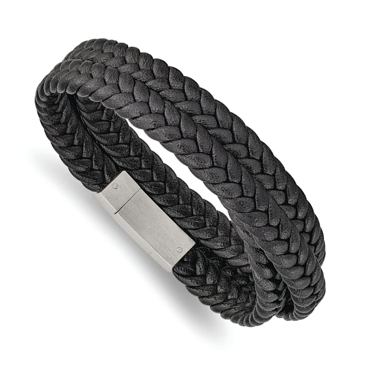 Black Braided Leather and Stainless Steel Brushed 23-inch Wrap Bracelet