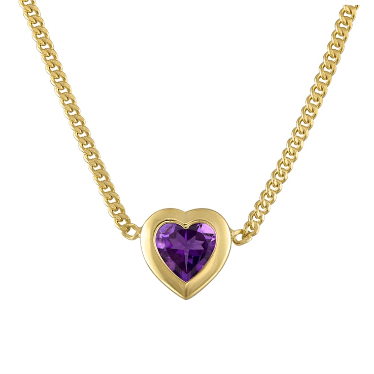 14K Yellow Gold Over Sterling Silver Amethyst Heart Curb Chain Necklace .8ctw