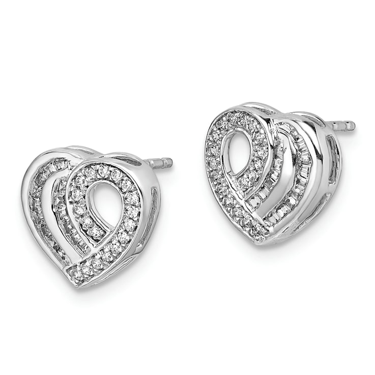Rhodium Over 14k White Gold Diamond Heart Stud Earrings