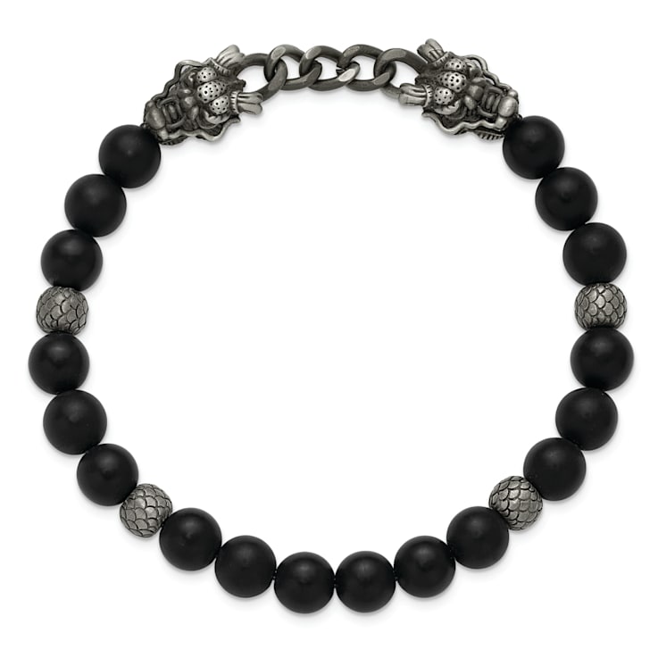 Stainless Steel Antique White Bronze Dragon Agate/Onyx Stretch 7.5-inch Bracelet