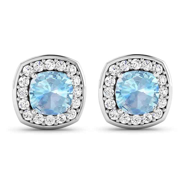 1.50ctw 14K White Gold Cushion Aquamarine and White Diamond Halo Earrings