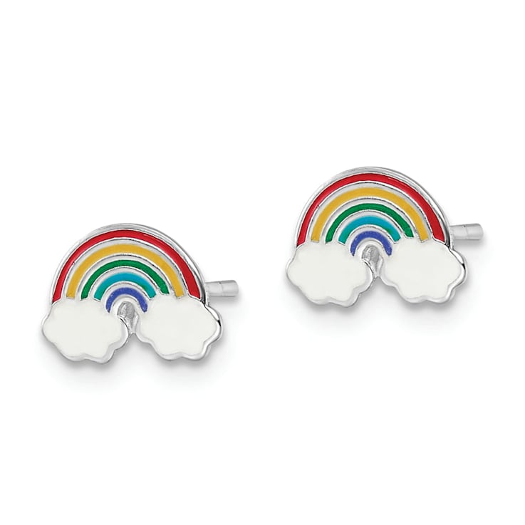 Rhodium Over Sterling Silver Enamel Rainbow Children's Post Earrings