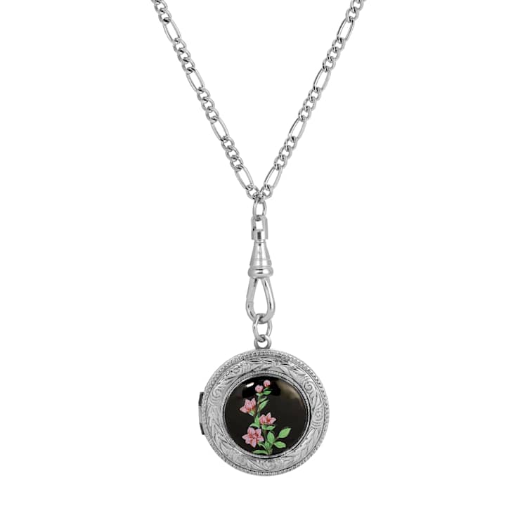 White Base Metal Black Decal Pink Flowers Locket Necklace 28"