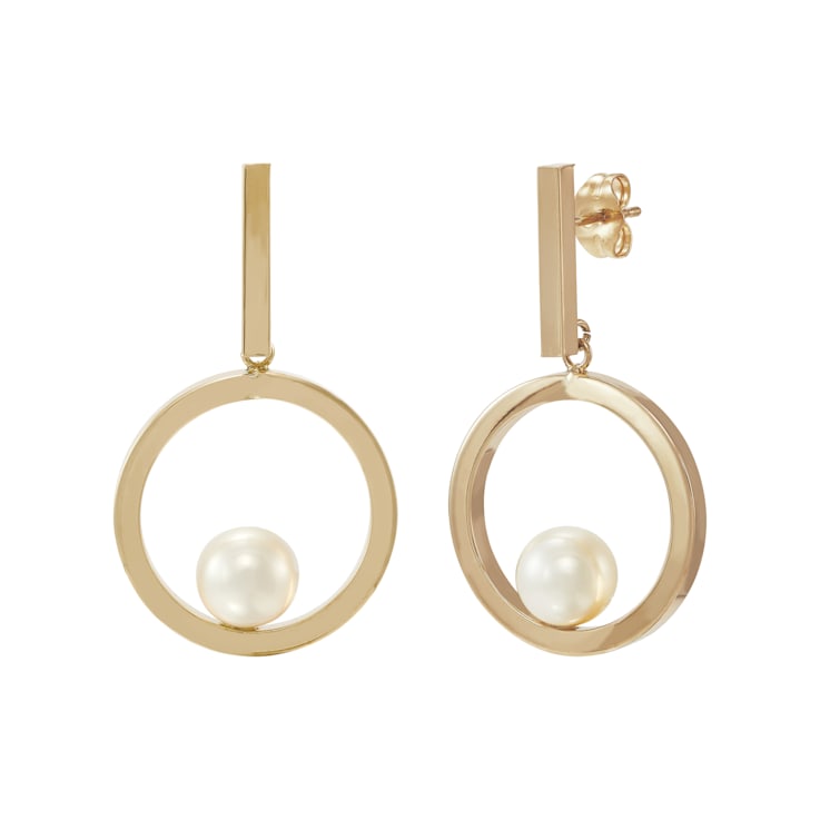 7-7.5mm Button White Freshwater Pearl 14K Yellow Gold Dangle Earrings