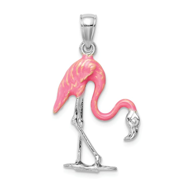 Rhodium Over 14k White Gold 3D Enameled Pink Flamingo Pendant