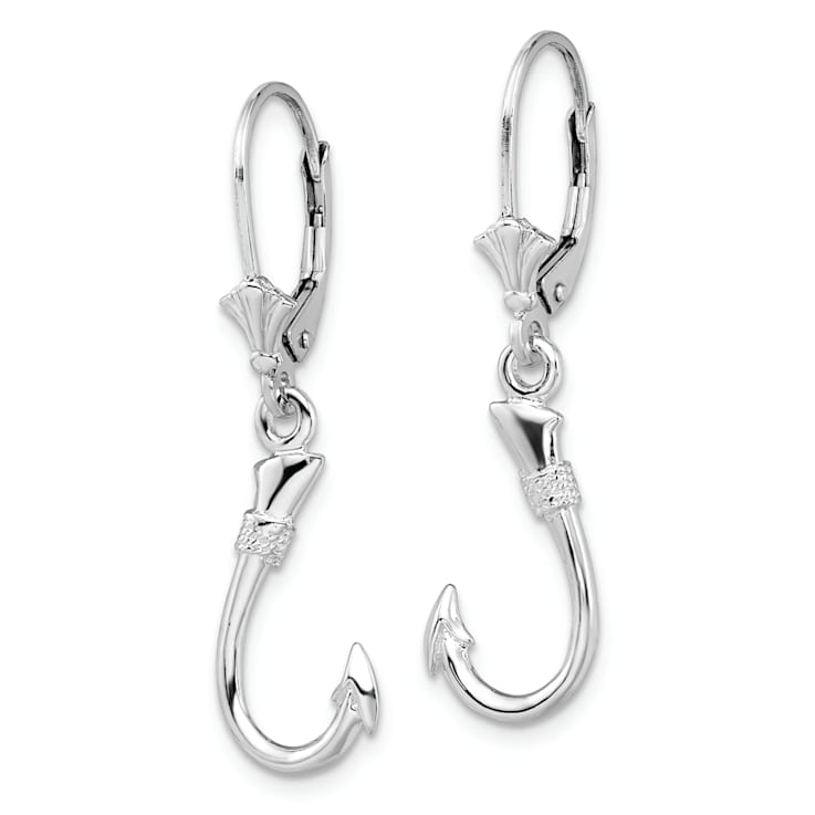 Rhodium Over Sterling Silver Polished 3D Fish Hook Leverback Earrings
