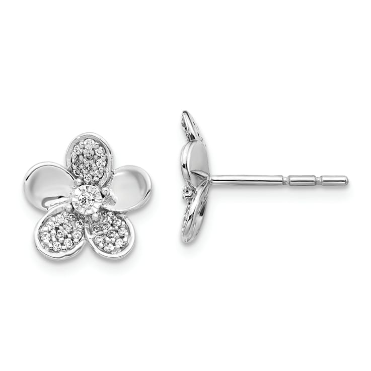 Rhodium Over 14k White Gold 10mm Diamond Flower Stud Earrings