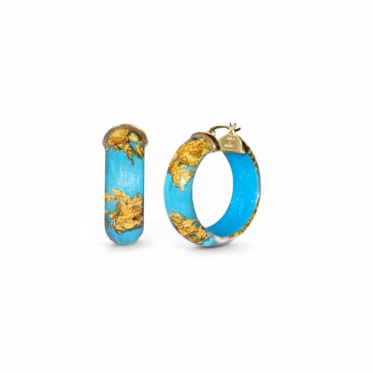 14K Yellow Gold Over Sterling Silver Mini Gold Leaf Acrylic Hoops in
Turquoise Color