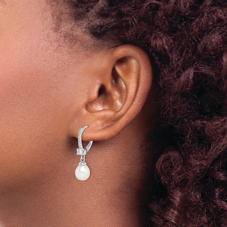 Rhodium Over Sterling Silver 7-8mm Freshwater Cultured Pearl and CZ
Leverback Dangle Earrings