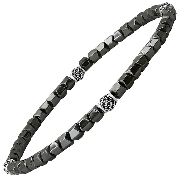 Gray Hematite Beaded Stretch Bracelet In Sterling Silver