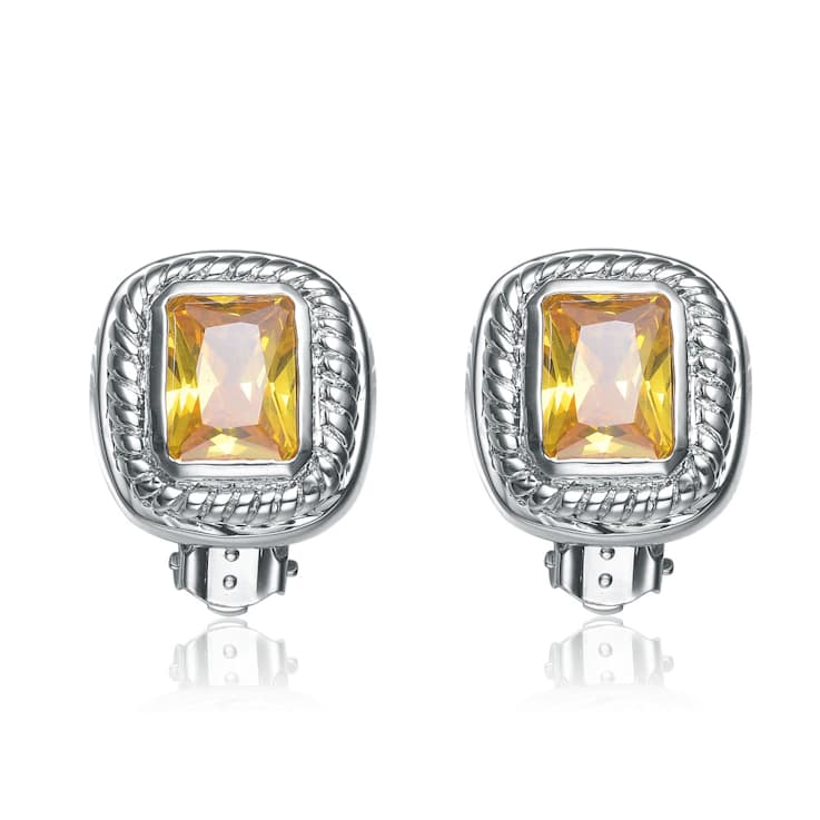 Citrine Color CZ Square Stud Earrings In Sterling Silver