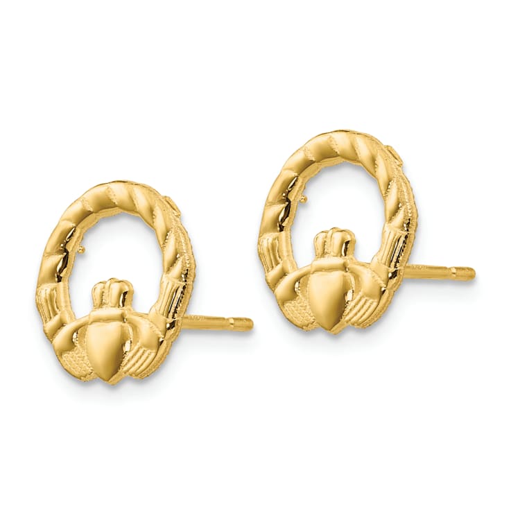 14K Yellow Gold Textured Claddagh Stud Earrings